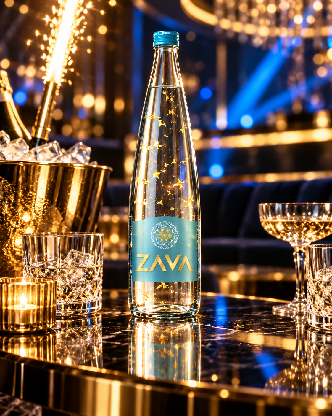 Bouteille ZAVAOR sur une table de club, seau à glace doré et cierge magique allumé